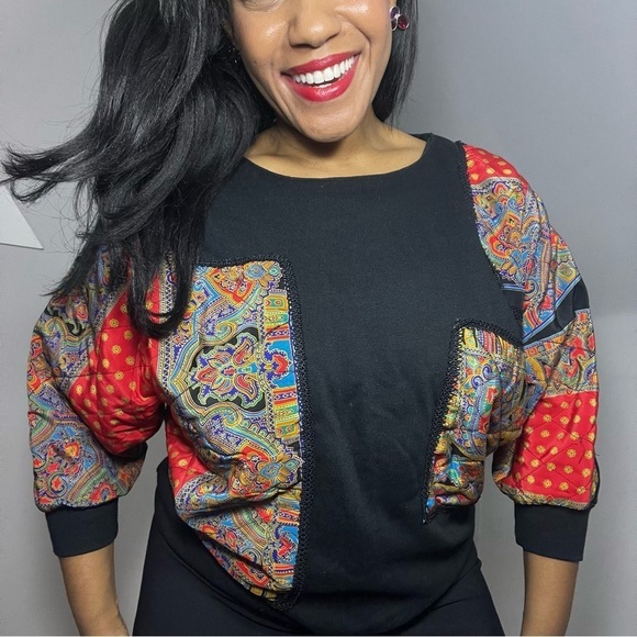 Vintage crewneck patchwork quilted sweatshirt bandana Paisley Statement Top - Picture 1 of 8